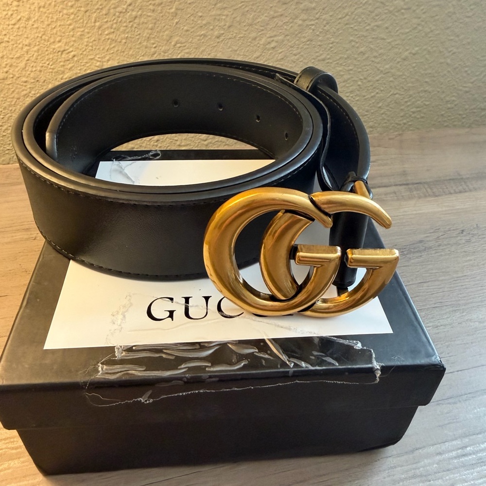 Gucci Marmont Black Leather Belt with Gold Logo Size 85